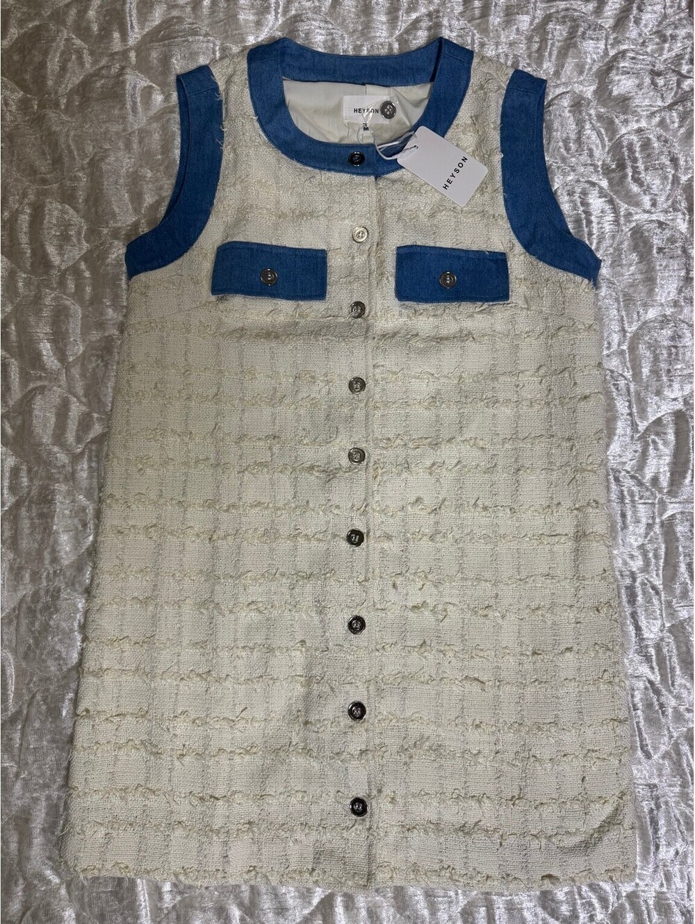 HEYSON women's ivory tweed denim trim sleeveless button front mini dress - Picture 3 of 9